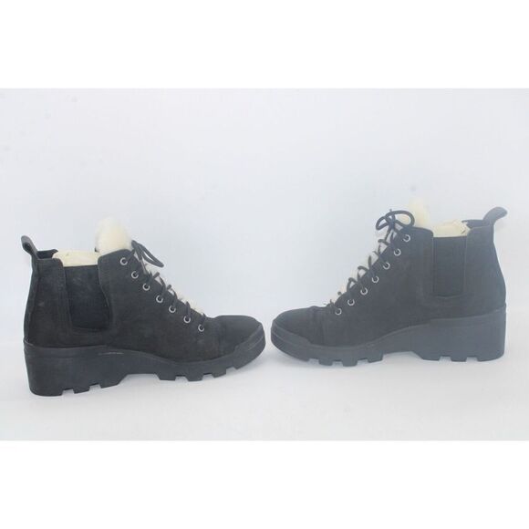 Eileen Fisher Calm Hiker Shearling Trim Bootie Black Suede Wedge Size 8 - Picture 7 of 11